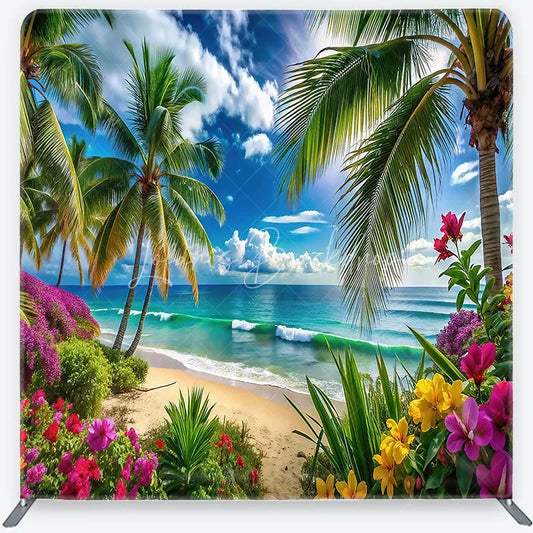 Lofaris Vibrant Tropical Beach with Palm Trees and Ocean Waves Square Double-Sided Backdrop Scenic Summer Party Decor