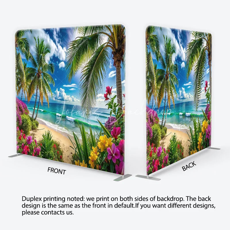 Lofaris Vibrant Tropical Beach with Palm Trees and Ocean Waves Square Double-Sided Backdrop Scenic Summer Party Decor