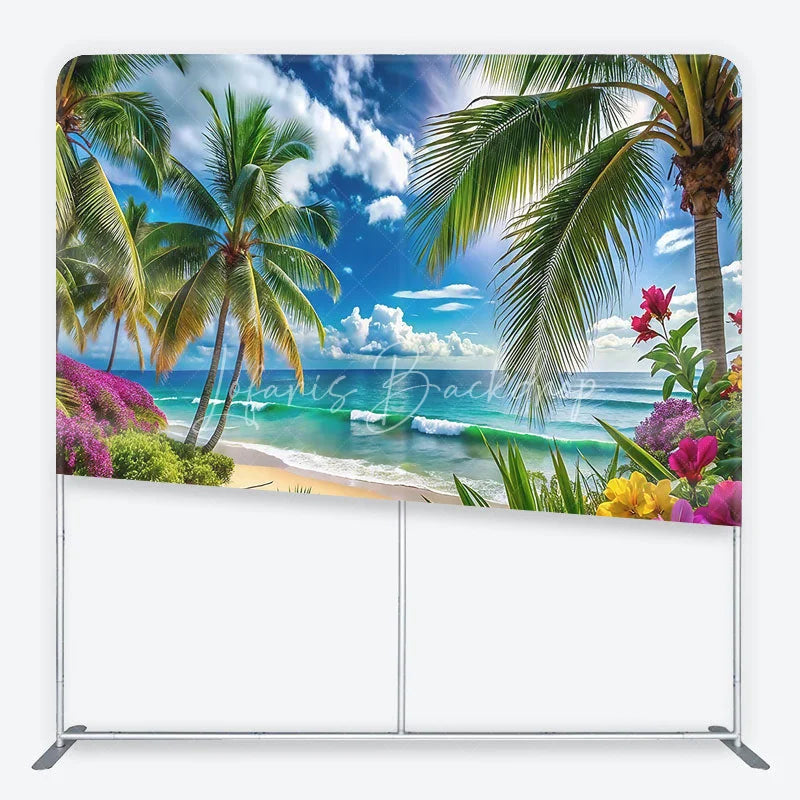 Lofaris Vibrant Tropical Beach with Palm Trees and Ocean Waves Square Double-Sided Backdrop Scenic Summer Party Decor