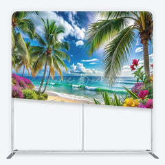 Lofaris Vibrant Tropical Beach with Palm Trees and Ocean Waves Square Double-Sided Backdrop Scenic Summer Party Decor