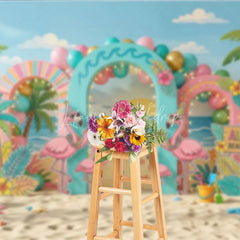 Lofaris Vibrant Tropical Flamingo Beach Party Photography Backdrop featuring Palm Trees and Aloha Sign for Summer Celebrations
