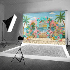 Lofaris Vibrant Tropical Flamingo Beach Party Photography Backdrop featuring Palm Trees and Aloha Sign for Summer Celebrations