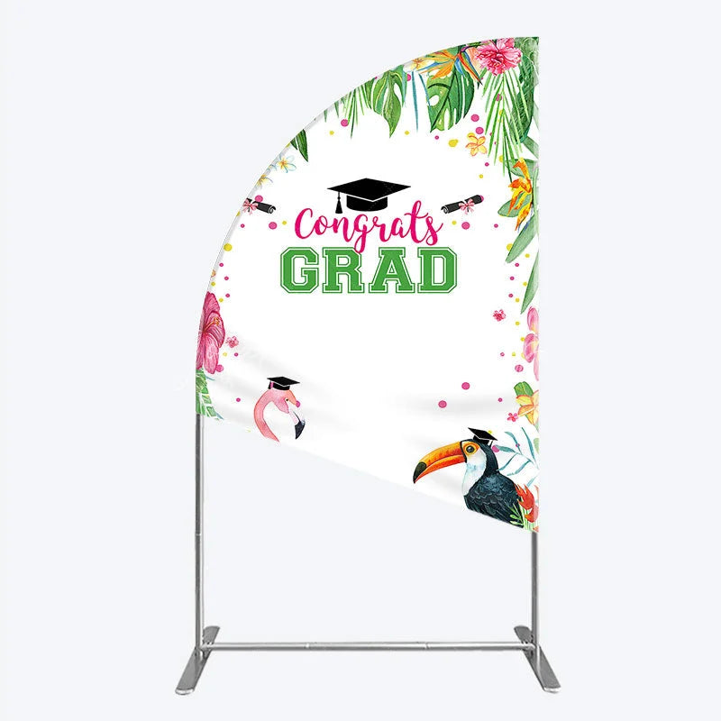 Lofaris Vibrant Tropical Graduation Half Moon Arch Backdrop with Flamingo Toucan and Congrats GRAD Text for Festive Party Decor