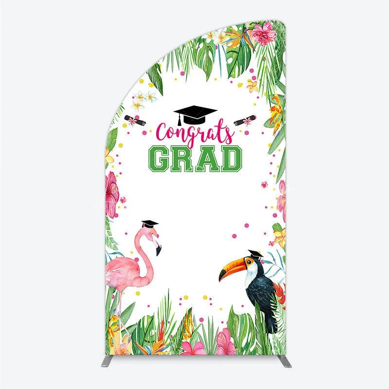 Lofaris Vibrant Tropical Graduation Half Moon Arch Backdrop with Flamingo Toucan and Congrats GRAD Text for Festive Party Decor
