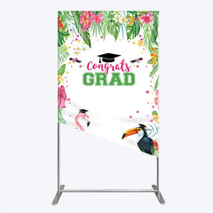 Lofaris Vibrant Tropical Graduation Rectangle Backdrop with Flamingo Toucan and Congrats GRAD Text for Festive Party Decor
