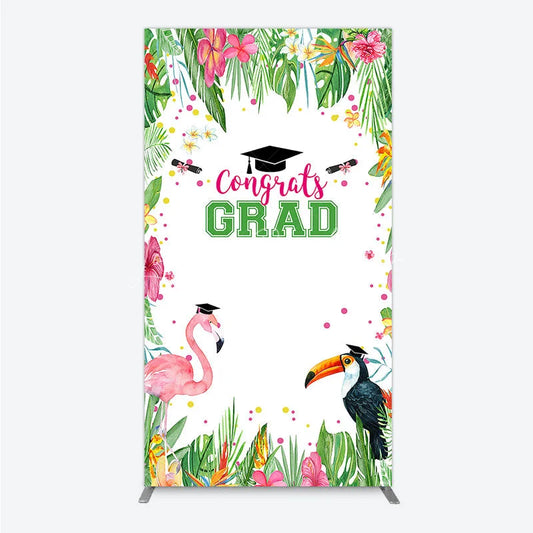 Lofaris Vibrant Tropical Graduation Rectangle Backdrop with Flamingo Toucan and Congrats GRAD Text for Festive Party Decor