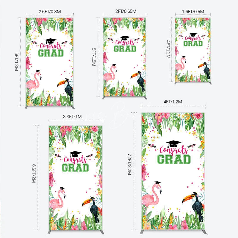 Lofaris Vibrant Tropical Graduation Rectangle Backdrop with Flamingo Toucan and Congrats GRAD Text for Festive Party Decor