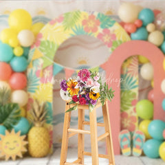 Lofaris Vibrant Tropical Hawaiian Photography Backdrop with Hibiscus Flowers and Palm Leaves Balloons for Summer Party Decor