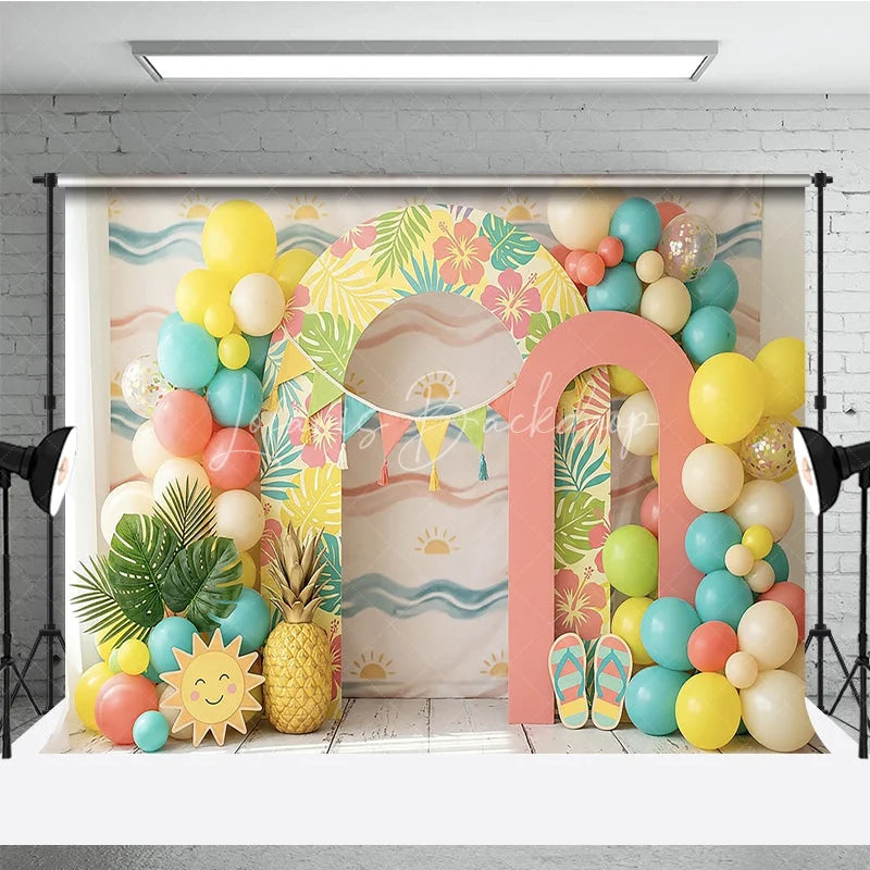 Lofaris Vibrant Tropical Hawaiian Photography Backdrop with Hibiscus Flowers and Palm Leaves Balloons for Summer Party Decor