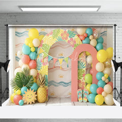 Lofaris Vibrant Tropical Hawaiian Photography Backdrop with Hibiscus Flowers and Palm Leaves Balloons for Summer Party Decor