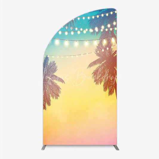 Lofaris Vibrant Tropical Sunset Half Moon Arch Backdrop with Palm Trees and String Lights Summer Beach Party Decor