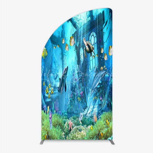 Lofaris Vibrant Underwater Ocean Half Moon Arch Backdrop with Dolphins Sea Turtle and Colorful Fish for Birthday Party