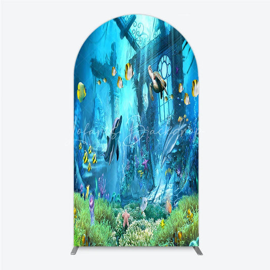 Lofaris Vibrant Underwater Ocean Round Top Arch Backdrop with Dolphins Sea Turtle Fish Sunken Ruins Coral Reef Party Decor