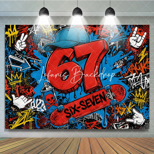 Lofaris Vibrant Urban Graffiti 7th Birthday Backdrop with Skateboard Spray Paint Party Decor