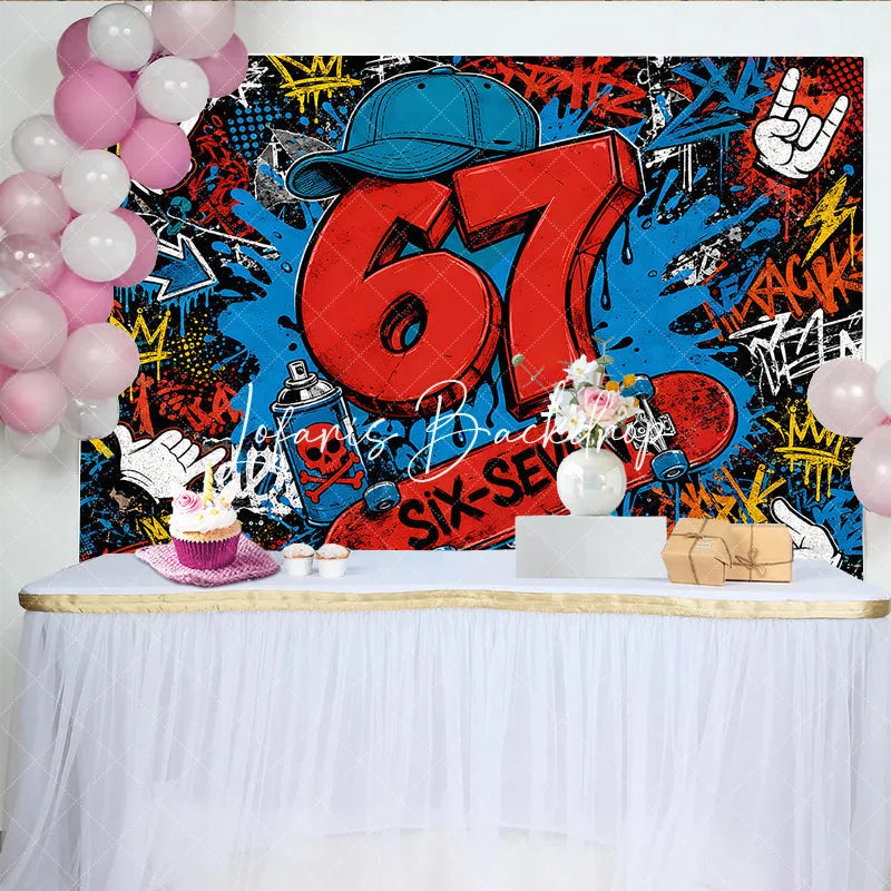 Lofaris Vibrant Urban Graffiti 7th Birthday Backdrop with Skateboard Spray Paint Party Decor