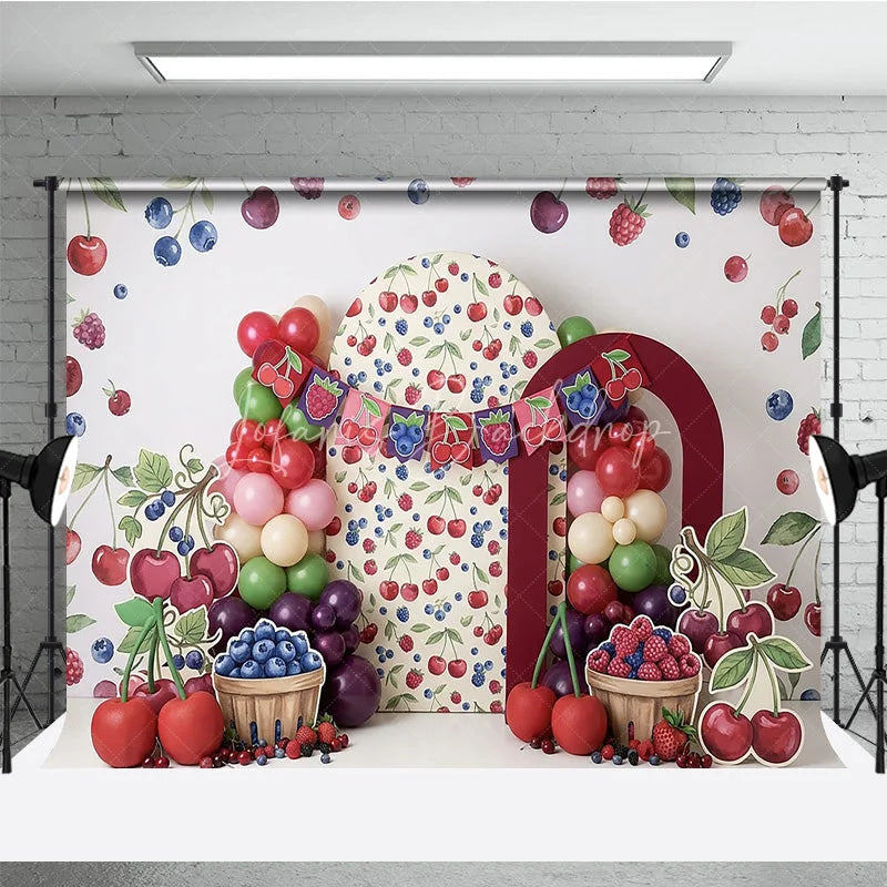 Lofaris Vibrant Watercolor Berry Photography Backdrop Sweet Cherry and Blueberry Theme for Birthday Party Decor