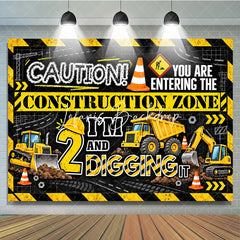 Lofaris Vibrant Yellow and Black Construction Zone 2nd Birthday Backdrop featuring Bulldozer Dump Truck