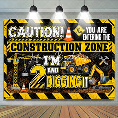 Lofaris Vibrant Yellow Black Construction Zone 2nd Birthday Backdrop featuring Crane Dump Truck Excavator for Boys Party Decor