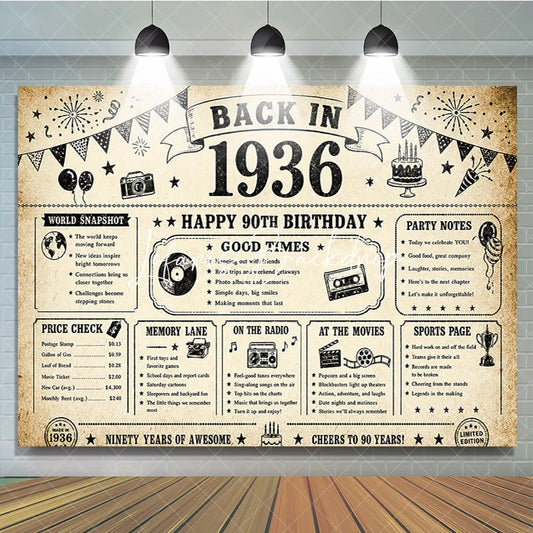Lofaris Vintage 1936 Back in 90th Birthday Newspaper Style Backdrop Nostalgic Party Decoration for 90 Years Celebration