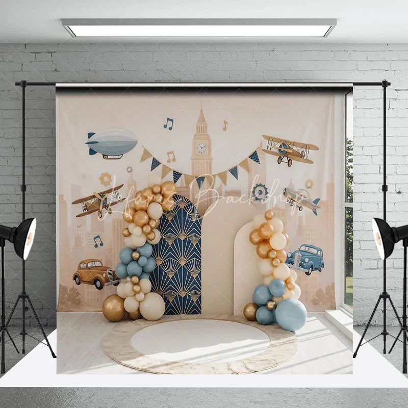 Lofaris Vintage Airplane and Car City Backdrop Retro Travel Theme for Boy Birthday Cake Smash
