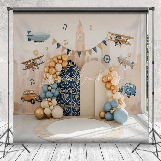 Lofaris Vintage Airplane and Car City Backdrop Retro Travel Theme for Boy Birthday Cake Smash