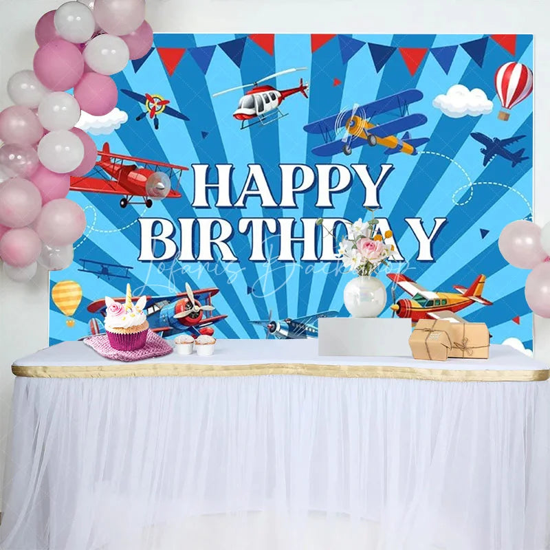 Lofaris Vintage Airplane Birthday Backdrop Blue Sky with Clouds Pilot Aviation Theme Party Photo Props