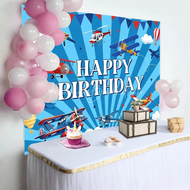 Lofaris Vintage Airplane Birthday Backdrop Blue Sky with Clouds Pilot Aviation Theme Party Photo Props
