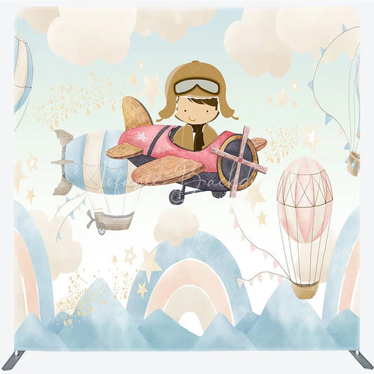 Lofaris Vintage Airplane Tension Fabric Backdrop Hot Air Balloon Clouds Decor Sky Aviator Theme Background for Birthday