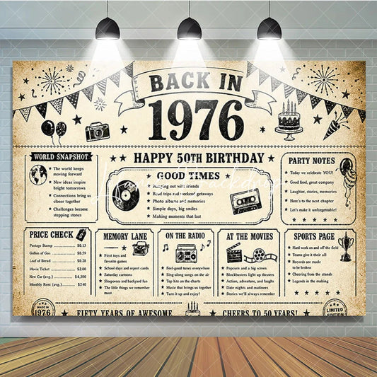 Lofaris Vintage Back in 1976 Happy 50th Birthday Backdrop Retro Black and White Nostalgic Celebration Party Decor