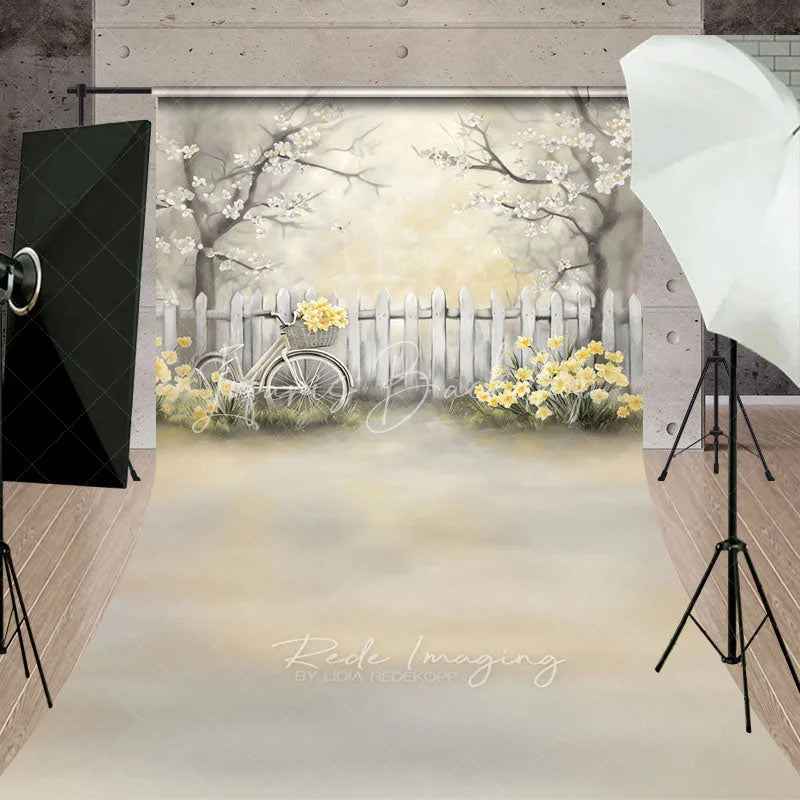 Lofaris Vintage Bicycle and White Fence Backdrop Yellow Flowers Spring Garden Scene Romantic Outdoor Photography