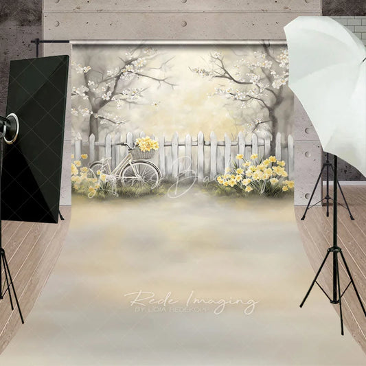 Lofaris Vintage Bicycle and White Fence Backdrop Yellow Flowers Spring Garden Scene Romantic Outdoor Photography