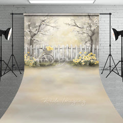 Lofaris Vintage Bicycle and White Fence Backdrop Yellow Flowers Spring Garden Scene Romantic Outdoor Photography