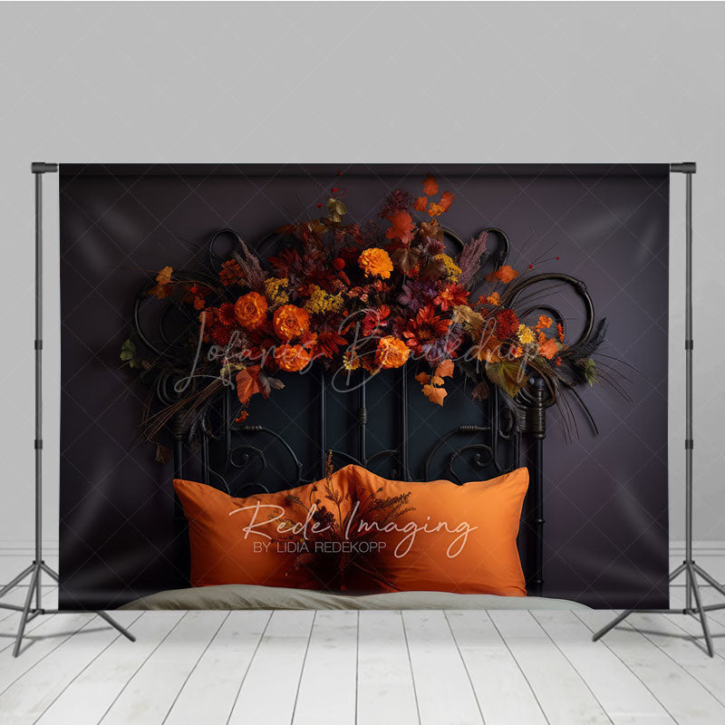 Lofaris Vintage Black Headboard Photography Backdrop Moody Autumn Floral Arrangement Dark and Romantic Fall Photo Prop