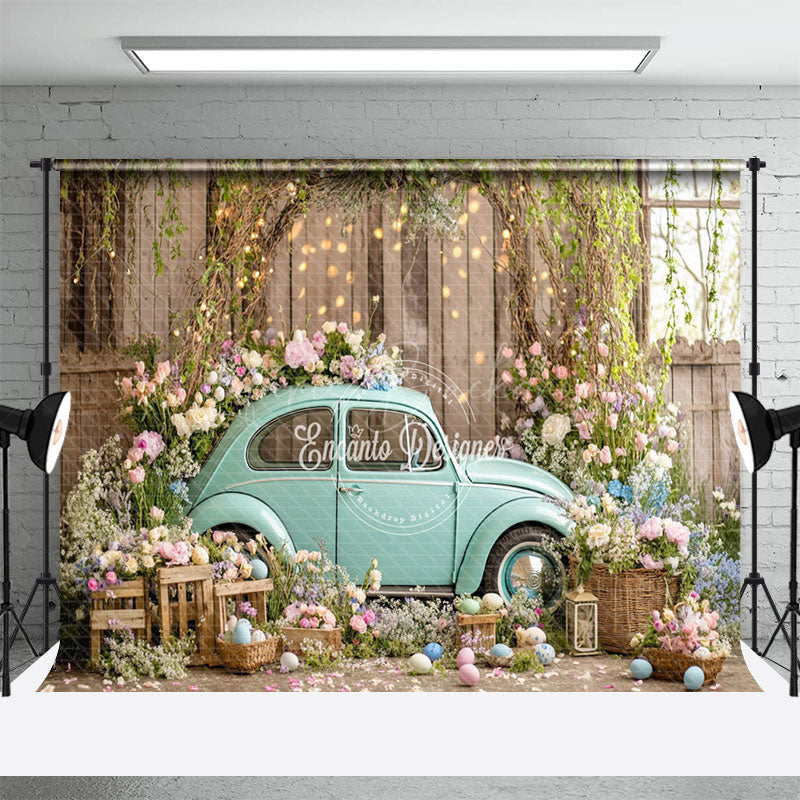 Lofaris Vintage Blue Car Adorned Flowers Festive Backdrop