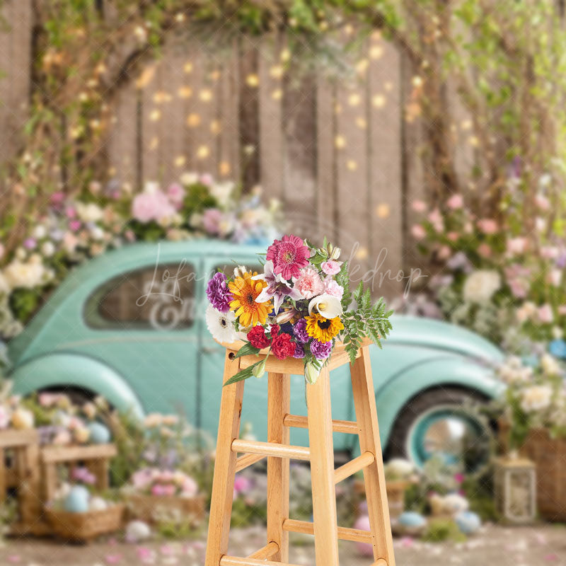 Lofaris Vintage Blue Car Adorned Flowers Festive Backdrop