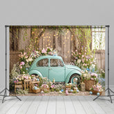 Lofaris Vintage Blue Car Adorned Flowers Festive Backdrop