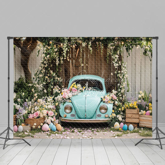 Lofaris Vintage Blue Car Floral Egg Decor Rustic Backdrop
