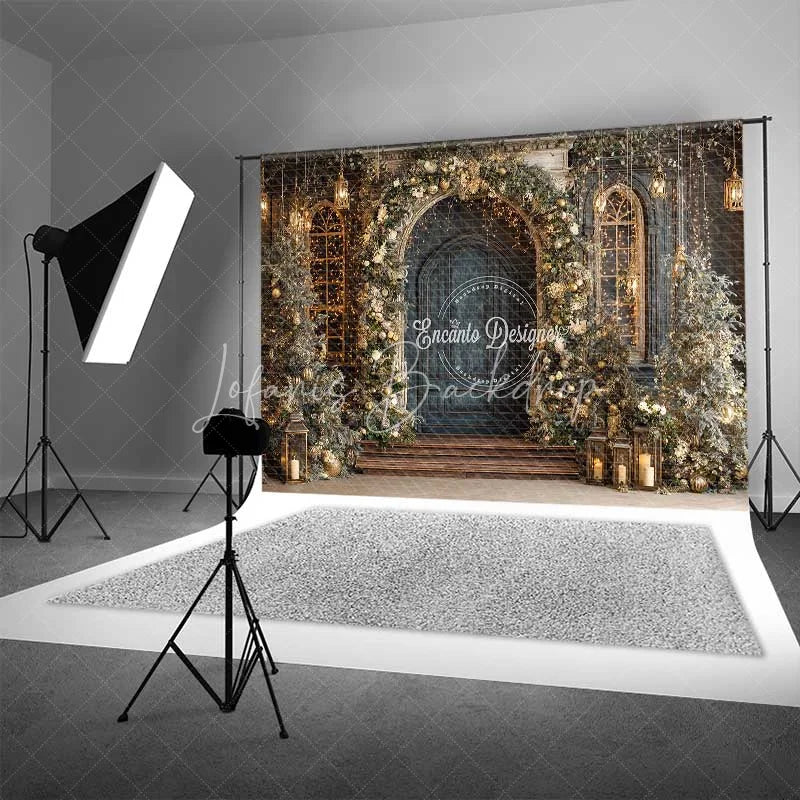 Lofaris Vintage Blue Door Christmas Backdrop Gold Floral Arch Lantern Photography Background