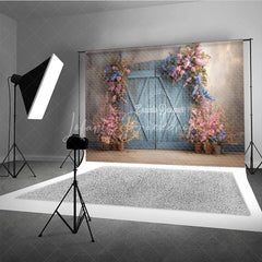 Lofaris Vintage Blue Door Photography Backdrop with Spring Flowers Rustic Painterly Wall Fine Art Photo Background