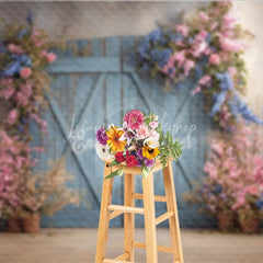Lofaris Vintage Blue Door Photography Backdrop with Spring Flowers Rustic Painterly Wall Fine Art Photo Background