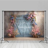 Lofaris Vintage Blue Door Photography Backdrop with Spring Flowers Rustic Painterly Wall Fine Art Photo Background
