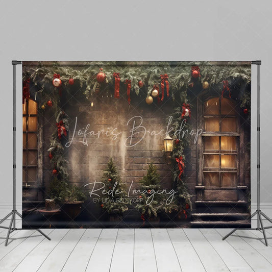 Lofaris Vintage Brick Wall Christmas Backdrop Snowy Garland Street Lamp Photography Background Old Town Winter Holiday Party Decor