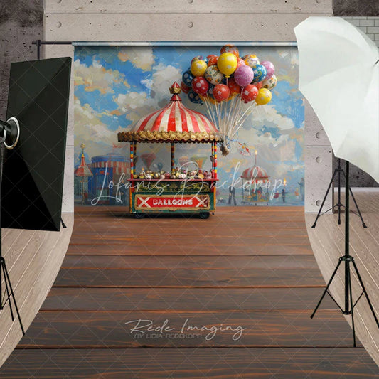 Lofaris Vintage Carnival Balloon Cart Sweep Backdrop Colorful Fairground Party Decor with Wooden Floor