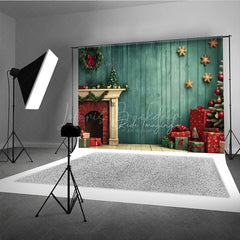 Lofaris Vintage Christmas Fireplace Photography Backdrop Teal Wood Wall with Tree and Presents Holiday Studio Photo Prop