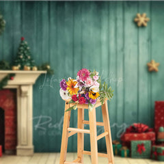 Lofaris Vintage Christmas Fireplace Photography Backdrop Teal Wood Wall with Tree and Presents Holiday Studio Photo Prop