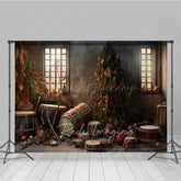 Lofaris Vintage Christmas Toy Room Photography Backdrop Rustic Workshop with Drums and Gifts Holiday Studio Photo Prop