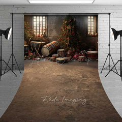 Lofaris Vintage Christmas Toy Room Sweep Photo Backdrop Rustic Workshop with Drums and Gifts Holiday Studio Prop