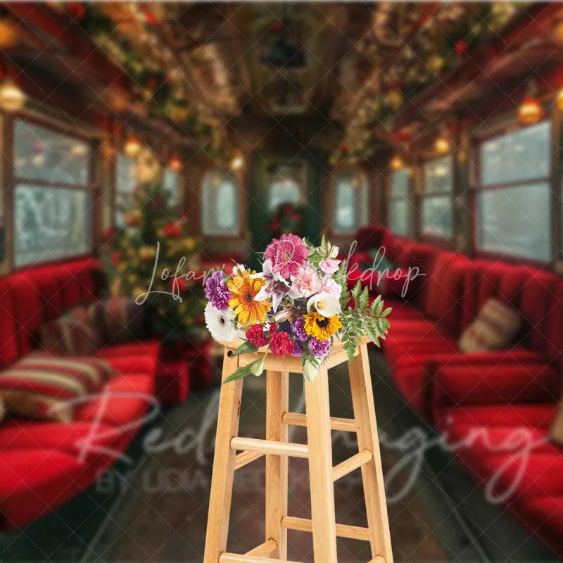 Lofaris Vintage Christmas Train Backdrop Red Seats Snowy Window Tree Journey Photo Background