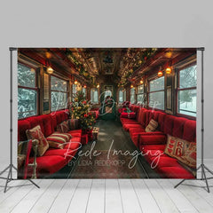 Lofaris Vintage Christmas Train Backdrop Red Seats Snowy Window Tree Journey Photo Background