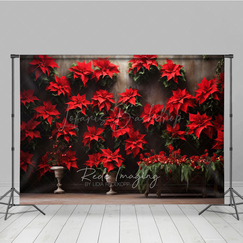 Lofaris Vintage Christmas Wall Photography Backdrop Red Poinsettia Flowers on a Moody Holiday Studio Photo Prop